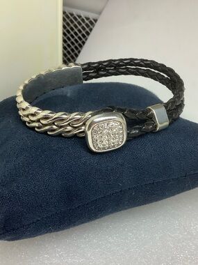 Brighton Black Braided Leather and Silver Pavé Accent Bracelet